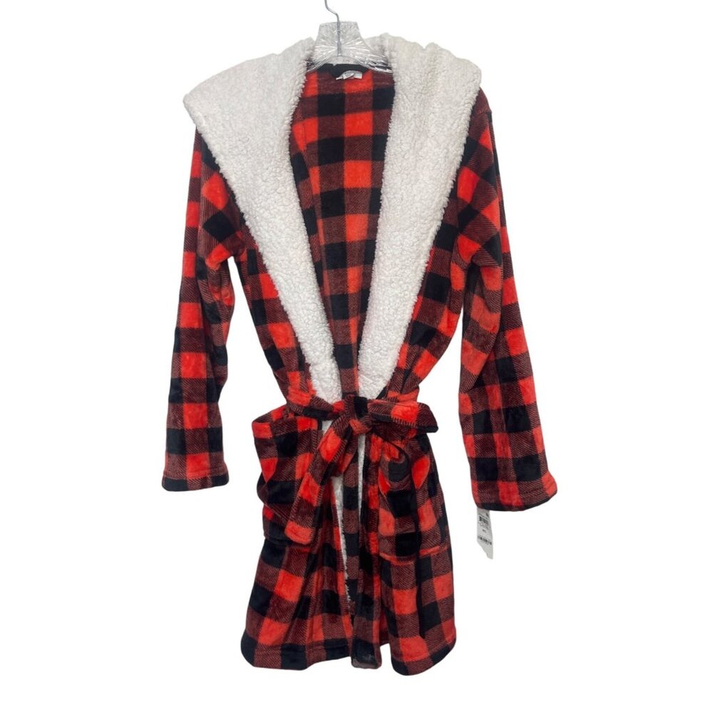 Jenni Intimates Hooded Robe Womens Medium/Large Red Black New Belted